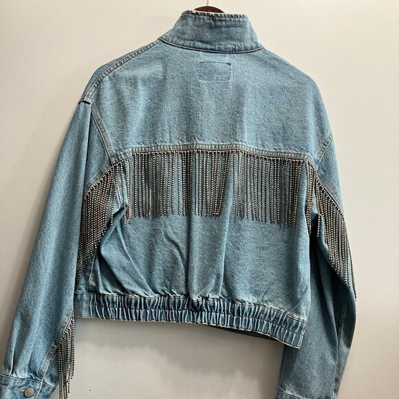 Free People Denim Bomber Jean Rhinestone Jacket Meteor Wash Size SMALL (NWOT) - Picture 1 of 12